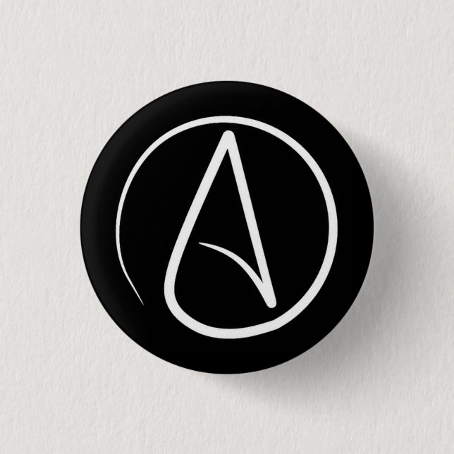 Atheist symbol: white on black 3 cm round badge (Front)
