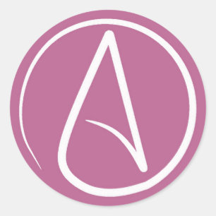 Atheist symbol: white on mauve pink classic round sticker