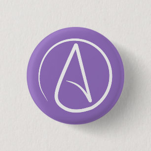 Atheist symbol: white on purple 3 cm round badge