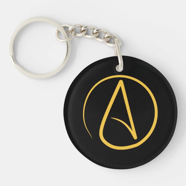 Atheist symbol: yellow on black key ring (Front)