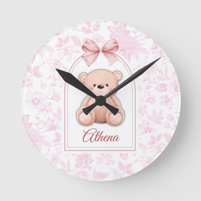 Athena | Custom Pink Teddy Bear Nursery Design  Round Clock (Front)
