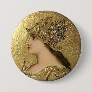 ATHENA PORTRAIT WITH GOLDEN HELMET AND GRYPHONS 7.5 CM ROUND BADGE