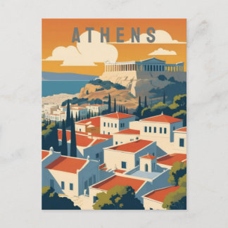 Athens Greece Acropolis at Sunset Retro Travel Art Postcard