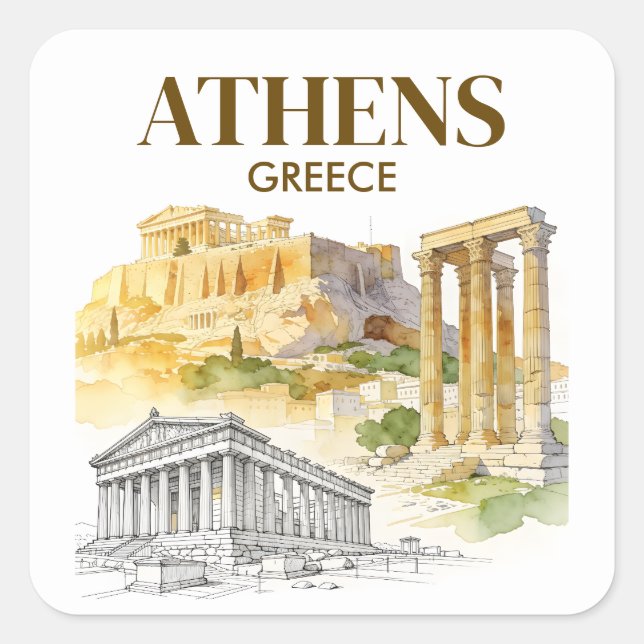 Athens Greece Acropolis Watercolor Sketch Custom Square Sticker (Front)