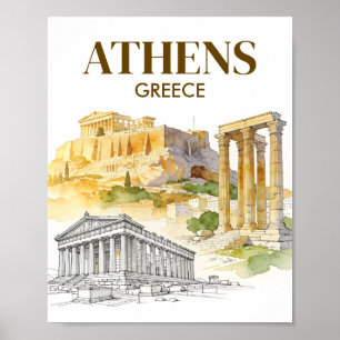 Athens Greece Acropolis Watercolor Sketch Travel Poster