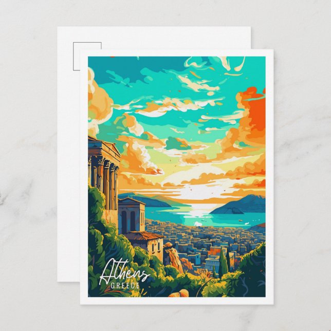 Athens Greece Art vintage travel illustration Postcard (Front/Back)