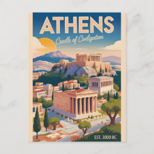 Athens Greece Retro Skyline Cityscape Travel Postcard