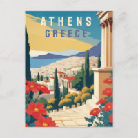 Athens Greece Travel Art with Red Flowers