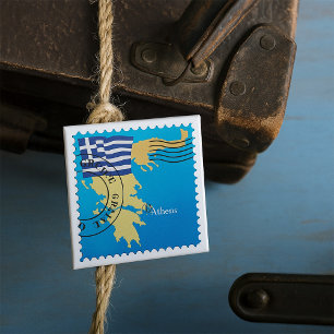 Athens Greece Travel Stamp Greek Flag and Map  15 Cm Square Badge