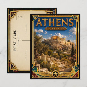 Athens Greece Vintage Acropolis Art Deco Golden Postcard