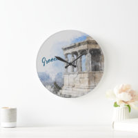 Athens Greece Wall Clock - Watercolor Parthenon
