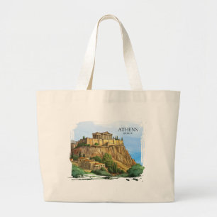 Athens Greece Watercolor Historic Views Large Tote Bag