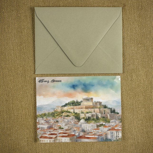 Athens Greece Watercolor Painting Panorama View Postcard (athens greece panorama view postcard)