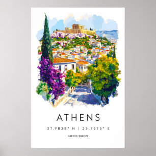Athens Watercolor Travel Park Ski Poster Vintage