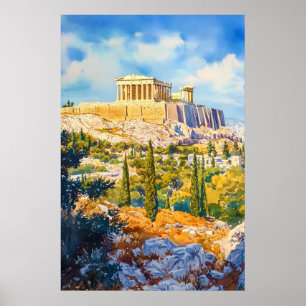 Athens Watercolor Vintage Travel Poster Ski