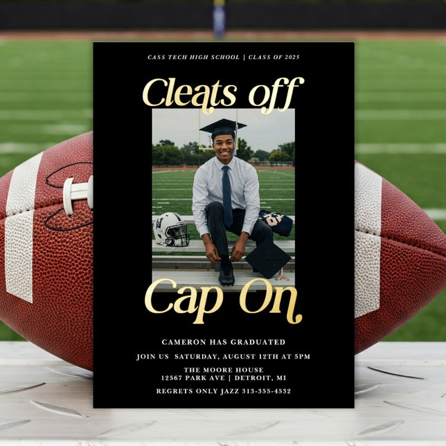 Athlete Graduation Cleats off Cap On (Foil Athlete Graduation Invitation and Announcement)