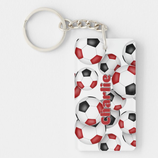 athlete name cluster of red black soccer balls key ring (Front)