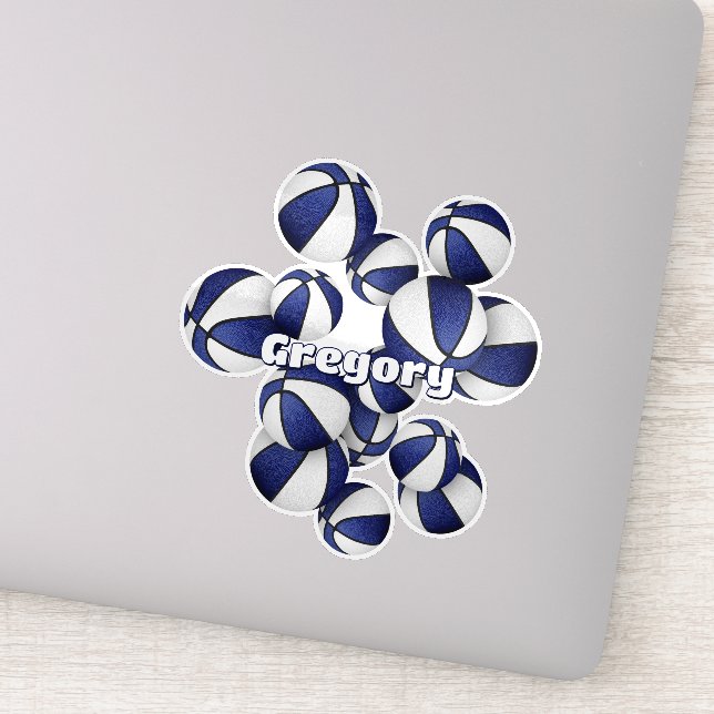 athlete name on cluster of blue white basketballs (Detail)