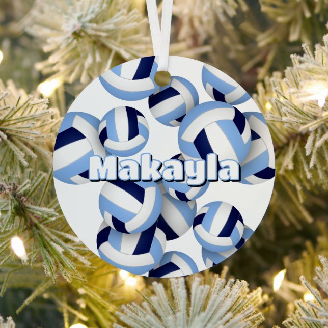 athlete name on lt blue navy volleyballs keepsake metal tree decoration (Insitu)