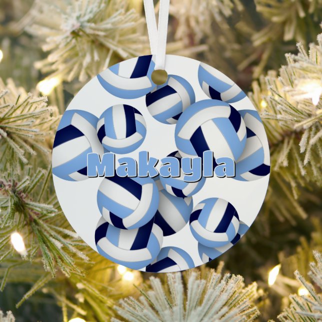 athlete name on lt blue navy volleyballs keepsake metal tree decoration (Insitu)