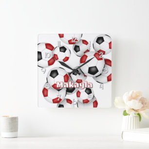 athlete name on red black soccer balls cluster square wall clock