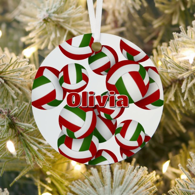 athlete name on red green volleyballs keepsake metal tree decoration (Insitu)