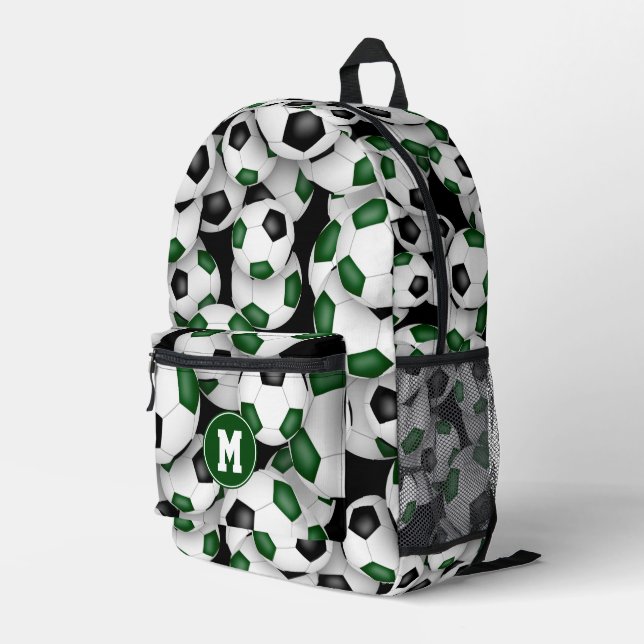 athletes monogrammed green black soccer balls printed backpack (Back Corner Right)