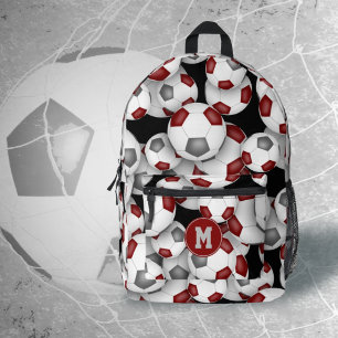 Athletes monogrammed maroon grey soccer balls printed backpack