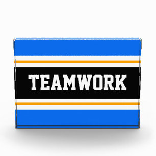 Athletic Bright Blue Black White TEAMWORK Stripes Photo Block