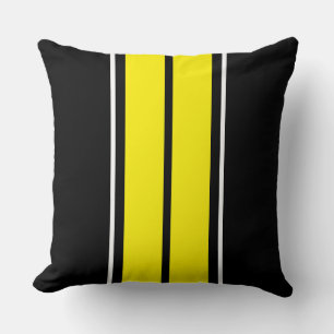 Athletic Bright Yellow Black White Racing Stripes Cushion