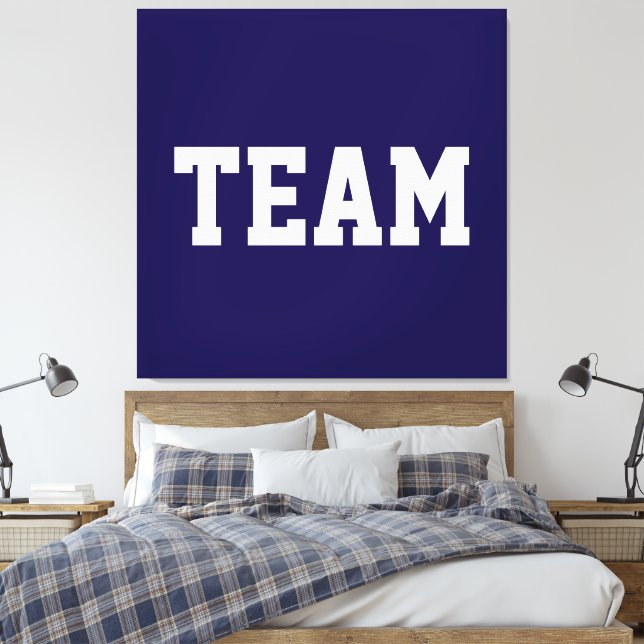 Athletic Centered TEAM White Text On Navy Blue Canvas Print (Insitu(Bedroom))