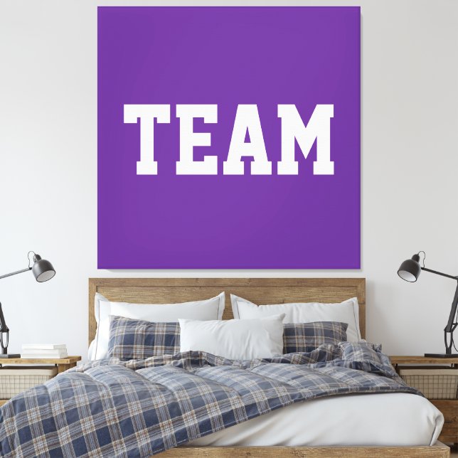 Athletic Centered TEAM White Text On Royal Purple Canvas Print (Insitu(Bedroom))