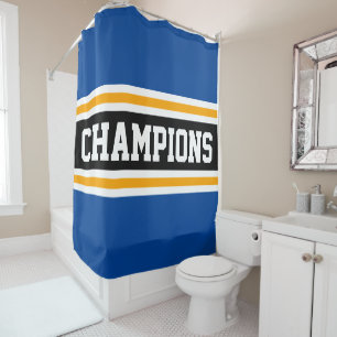 Athletic CHAMPIONS Blue Black Racing Stripes Shower Curtain