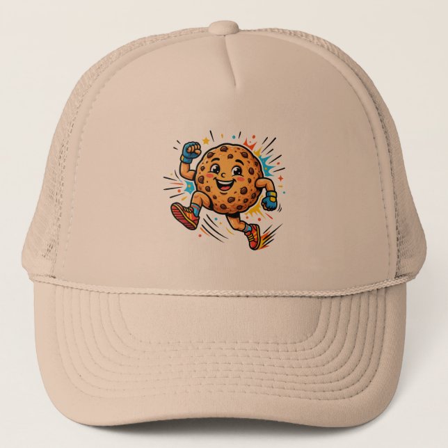 Athletic Chocolate Chip Cookie Running Cartoon Mas Trucker Hat (Front)
