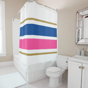 Athletic Deep Blue Pink Racing Stripes On White Shower Curtain