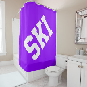 Athletic Diagonal White SKI Text On Bright Purple Shower Curtain