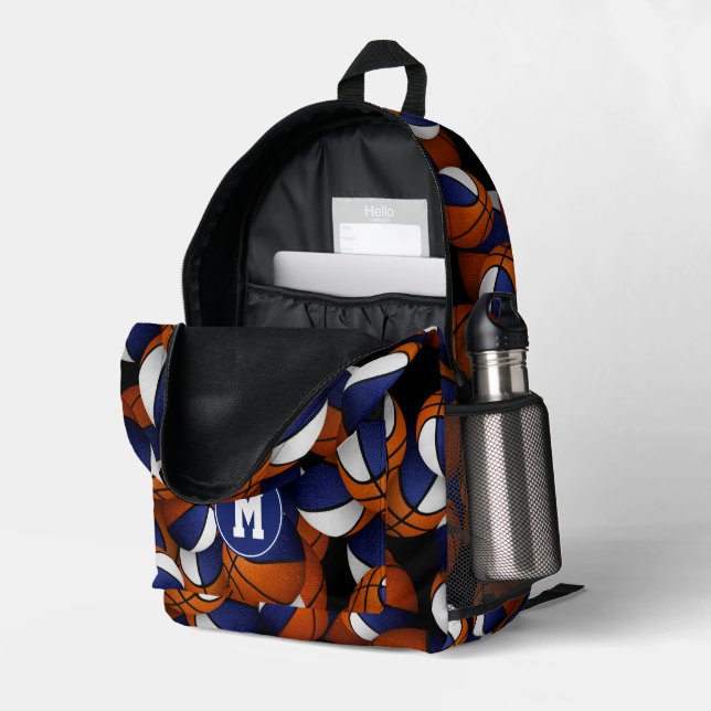Athletic monogrammed blue white basketballs printed backpack (Back Corner Right (Open))