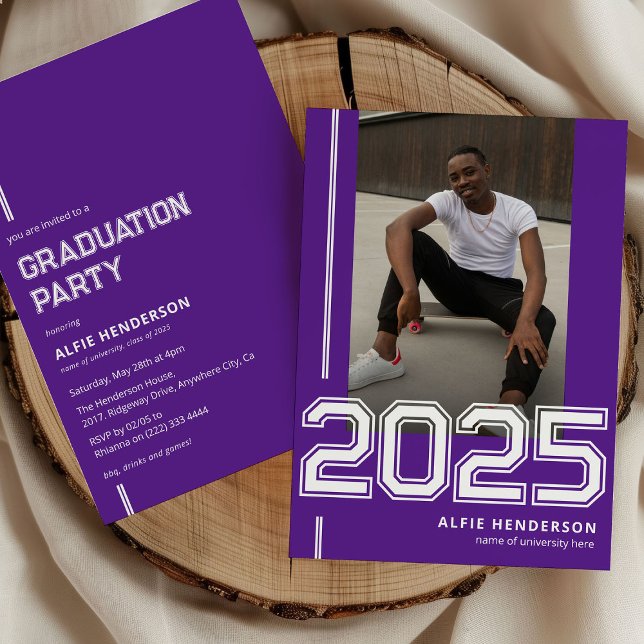 Athletic Photo Graduation Party Purple Invitation (Creator Uploaded)