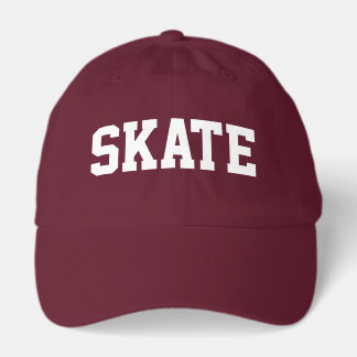 Athletic SKATE White Text Maroon Red Background Trucker Hat