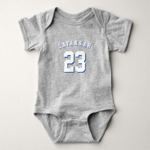 Athletic sports blue white custom name number cute baby bodysuit