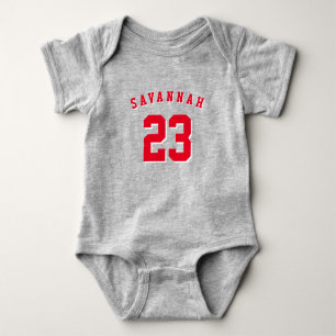 Athletic sports red custom name number modern cute baby bodysuit