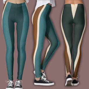 Athletic Stripe Pattern   Retro Teal, Brown, Cream Leggings