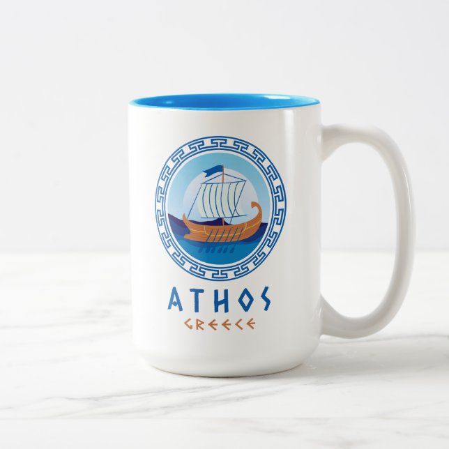 Athos, Greece Greek Ship Design Two-Tone Coffee Mug (Right)