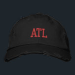 ATL "Atlanta" Monogram Red and Black Vintage Style Embroidered Hat<br><div class="desc">ATL "Atlanta" Monogrammed embroidered Red on Black vintage style distressed cotton hat. Makes a wonderful gift for anybody who loves Atlanta GA! Also, if you would prefer to have your personal monogram then simply select "Personalise this template" details button to enter your name initials. Embroidery is customisable to other colour...</div>