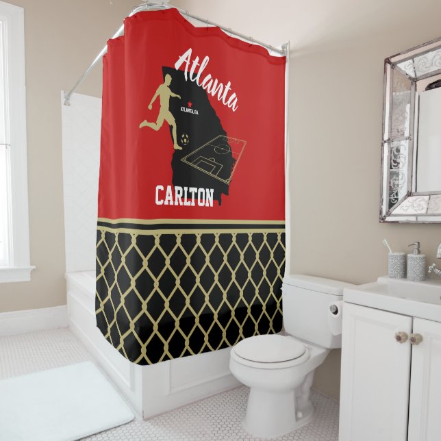 Atlanta Dark Red and Black Soccer Shower Curtain (In Situ)