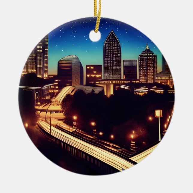Atlanta Georgia Skyline Blue Starry Evening Ceramic Tree Decoration (Front)