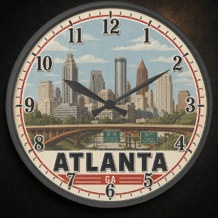 Atlanta Georgia Skyline Vintage Travel Poster Large Clock