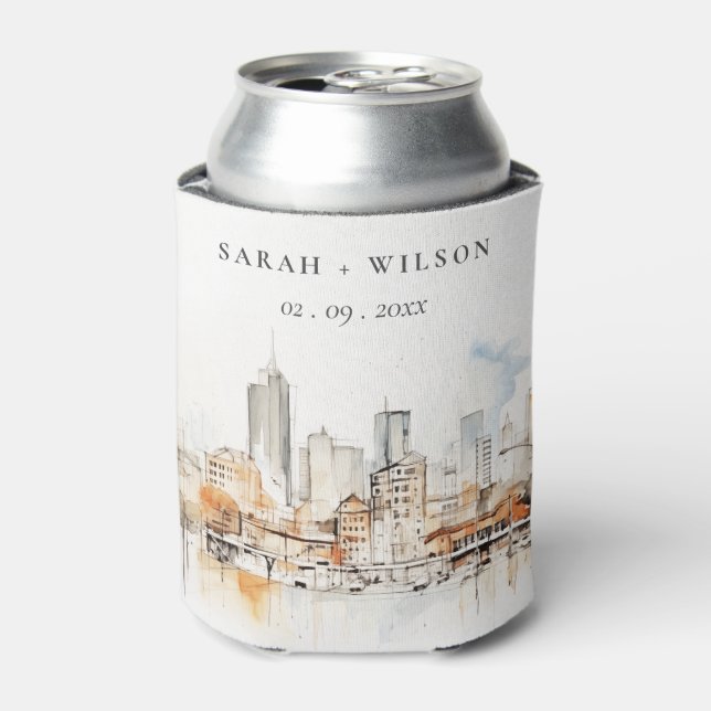 Atlanta Georgia Watercolor Landscape Wedding Can Cooler (Can Front)