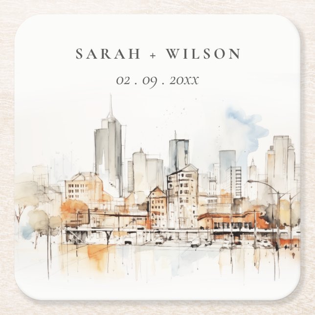 Atlanta Georgia Watercolor Landscape Wedding Square Paper Coaster (Front)