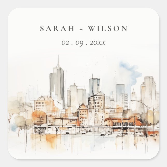 Atlanta Georgia Watercolor Landscape Wedding Square Sticker (Front)